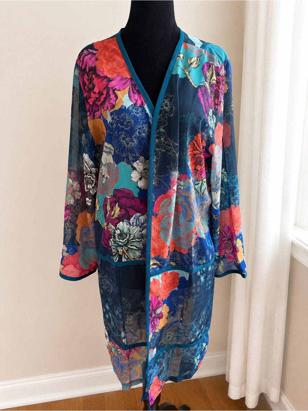 Soft Surroundings 2EN44 Floral Sheer Kimono Duster Topper XL Teal Multicolor